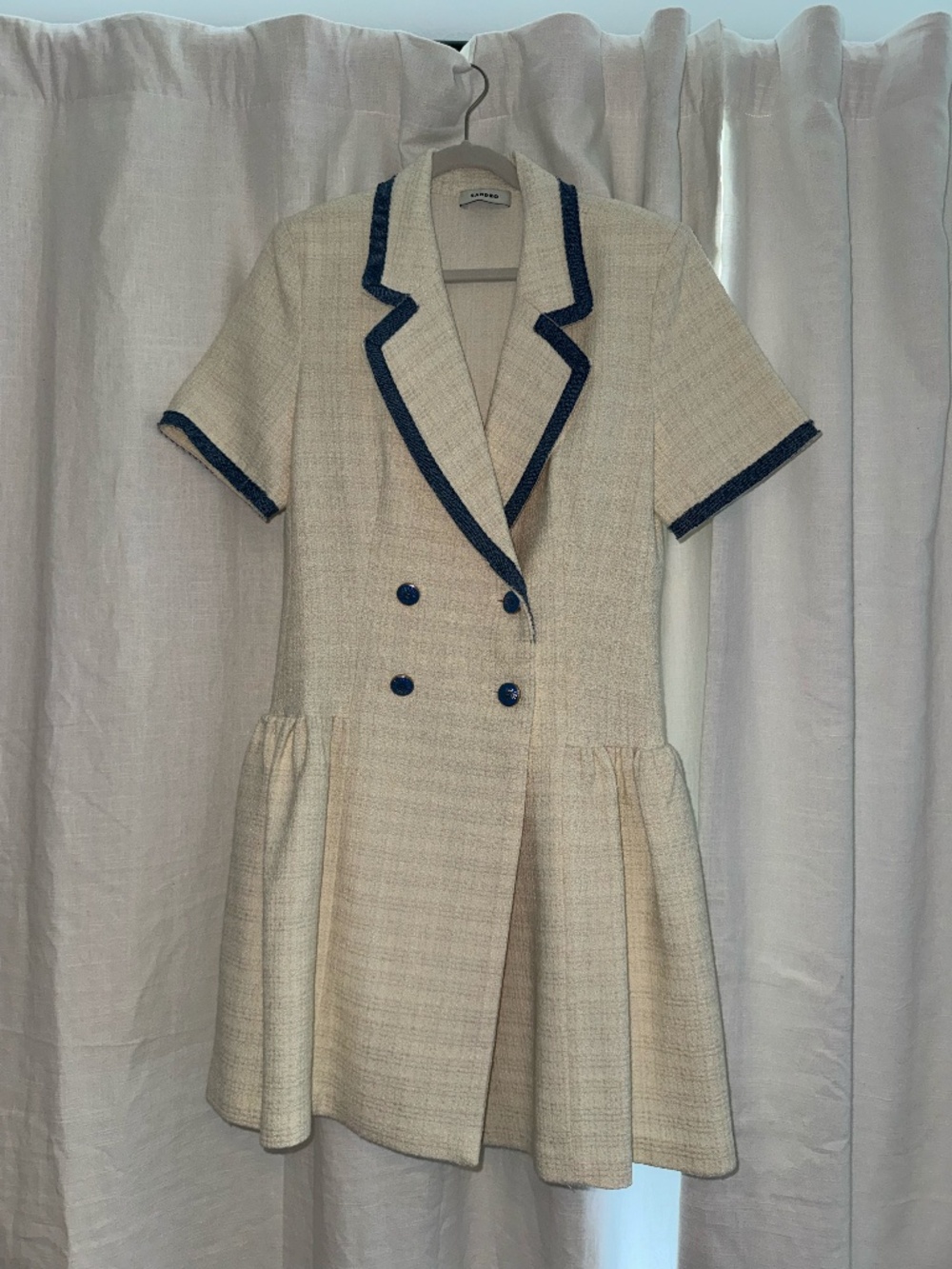 SANDRO Seville Dress in Blue and Ecru